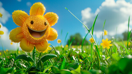 A cheerful, animated yellow flower with a smiling face in a dewy morning meadow, conveying happiness and positivity in a bright outdoor setting.