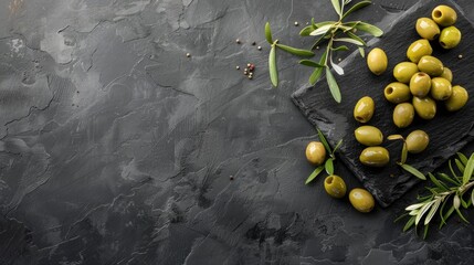Green olives arranged on black board with space for text