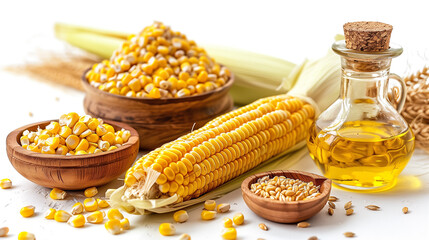 Wall Mural - Copy space with corn oil in a decanter, fresh corn cobs, and grains on white background