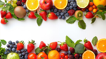 Wall Mural - Lower border of fruits and vegetables on a white background