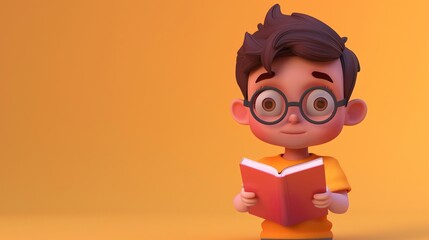 Canvas Print - A 3D cartoon boy wearing glasses is reading a book.