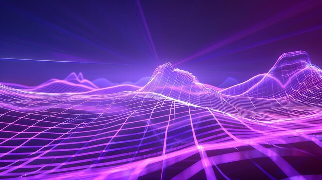 Neon purple grid landscape with flowing light waves. Virtual reality concept. Futuristic digital environment for gaming and technology