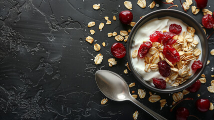 Wall Mural - Cereal on a spoon with dried cherry slices and yogurt, top view