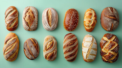 Wall Mural - Artisanal bread loaves on pale mint green background