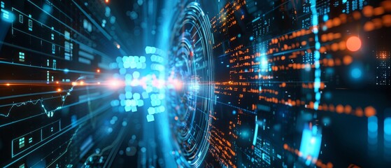 Poster - Abstract Digital Data Flow With Blue And Orange Glowing Lines And Circles