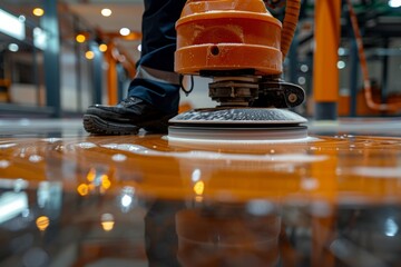 Worker polishing hard floor with high speed polishing machine 