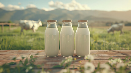 Fresh milk in glass bottles and milk can on wooden table with green farm background