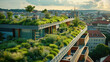 © visoot - Green rooftop garden on the roof of block of flats situated in city center. Aerial high view. Generative AI.