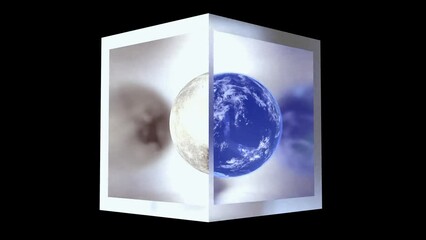 Wall Mural - The earth and moon seamless rotating 360 degree  in the metallic box as 3d modeling concept art of planets in the deep black space.