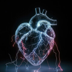 Poster - A heart symbol made with electricity, 3d, simple, transparent background. Generative AI.