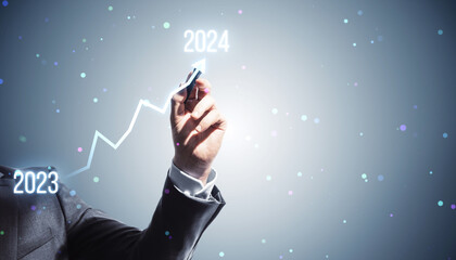 Aufkleber - A person in a suit drawing an ascending arrow from 2023 to 2024, indicating growth or progress on a blue bokeh background