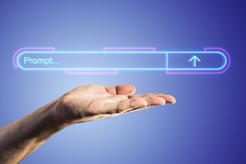 Aufkleber - An open hand with a neon glow effect of an arrow and 'Prompt. ' above it, against a blue gradient background, depicting a futuristic concept