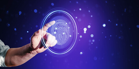Wall Mural - Hand interacting with a digital fingerprint hologram, symbolizing cyber security on a dark blue bokeh background, representing technology concept