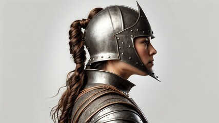 female knight warrior side view portrait on plain white background