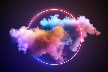 Canvas Print - Colorful smoke swirls inside a light ring on dark background, concept of modern design. 3D Rendering