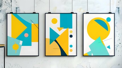 Wall Mural - Set of three posters with geometric abstract art of yellow, blue and cyan shapes