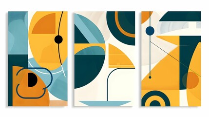 Poster - Set of three posters with geometric abstract art of yellow, blue and cyan shapes