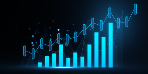 Poster - A dynamic financial growth chart with glowing lines, bars on a dark blue background, illustrating the concept of business success. 3D Rendering