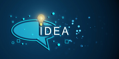 Poster - A speech bubble with IDEA text and lightbulb, neon style, on a blue background, concept of creative thinking. 3D Rendering
