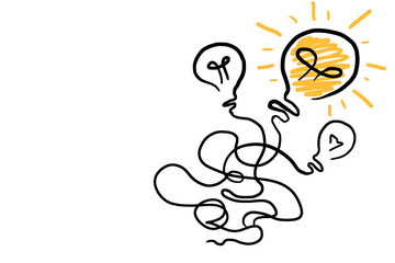 Poster - Hand-drawn lightbulbs on a white background with one illuminated, symbolizing a bright idea or solution