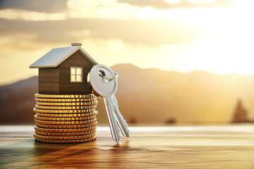 Poster - Miniature wooden house placed on coins with a key beside it, representing real estate investment, against a sunrise background. 3D Rendering