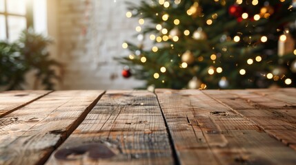 Canvas Print - Wooden table with space for product display and Christmas tree