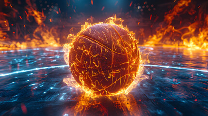 Poster - Fiery Basketball In Flames, neon lines basketball light background arena. Futuristic sports concept