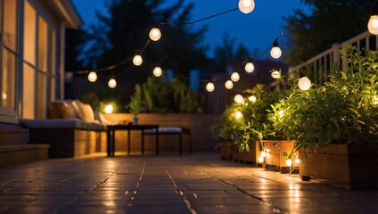 Wall Mural - Evening ambiance on a suburban patio with garden lights.