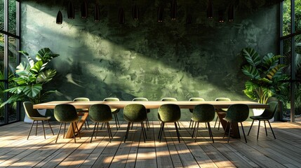 Sticker - Wooden dining table and chairs against green wall. Scandinavian mid-century home interior design of modern dining room.  