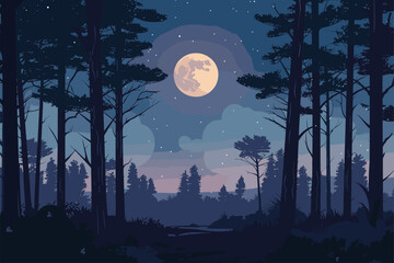 pine tree forest with moonlight, flat style cartoon vector illustration. night sky pine trees, moon 
