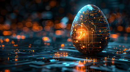 Aufkleber - Glowing digital modern illustration of an abstract 3D egg with circuit board texture. Greeting card in tech futuristic style