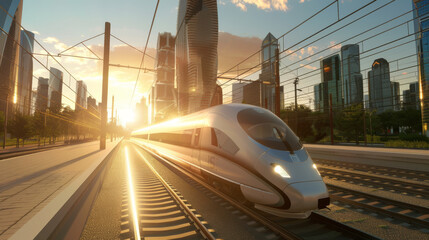 Canvas Print - A sleek high-speed train glides along tracks through a city at sunset, reflecting the golden light off its streamlined body and the surrounding skyscrapers.