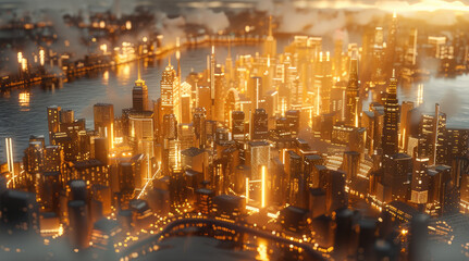 Poster - Bright city with gold elements. Aerial high view. Generative AI.