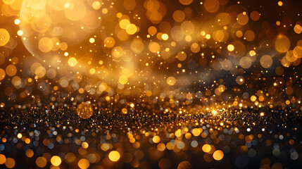 Aufkleber - Golden christmas glittering particles with bokeh for a holiday on black background sparks particles lights backdrop effect. Shiny golden New Year lights