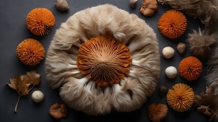 a flat lay view from above of a lion's mane mushroom holding vitamin supplements