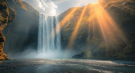 Poster - A waterfall enveloped in a light mist, with sun rays breaking through the clouds and illuminating. Generative AI.