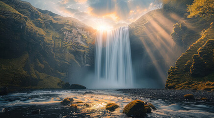 Poster - A waterfall enveloped in a light mist, with sun rays breaking through the clouds and illuminating. Generative AI.