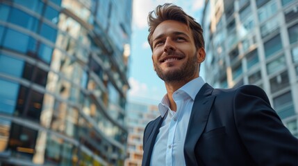 Poster - Portrait of a smiling businessman in a suit in front of a modern office building. Generative AI.