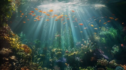 
A stunning underwater world showcasing a diverse array of sea life, including bright corals, colorful fish, and swaying marine plants on the ocean floor, all illuminated by soft, natural light. 