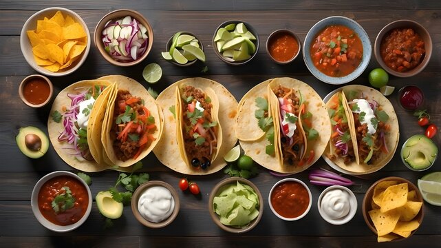 Top-down image of a Mexican taco table with numerous side dishes and sauces