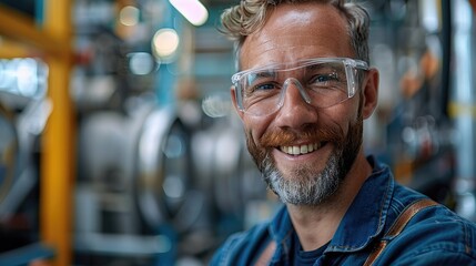 Poster - Portrait of a smiling adult men in a modern factory, clear facial features, soft diffused natural light. Generative AI.