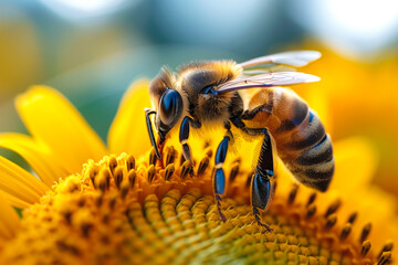 Sunflower with a honeybee collecting nectar