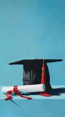 Wall Mural - Graduation cap and diploma on blue background, academic achievement concept