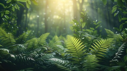 Poster - Ferns, wilderness in the style of nature, mystical atmosphere. Generative AI.