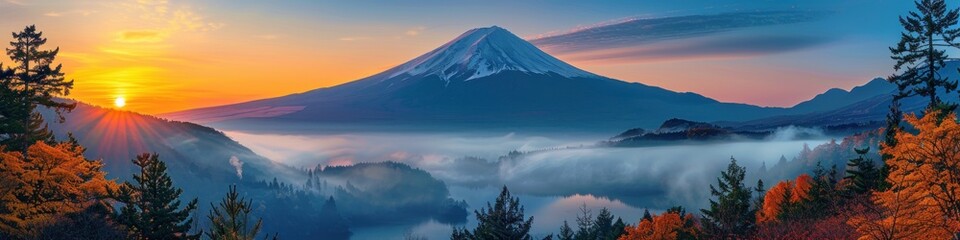 Wall Mural - Mount Fuji Sunrise Over Misty Valley