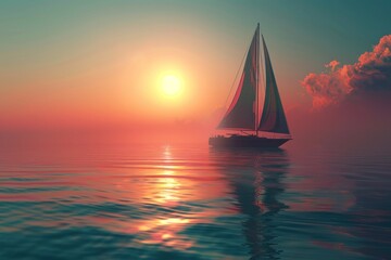 A sailboat floating in the middle of the ocean during sunset, great for use in travel or adventure related content