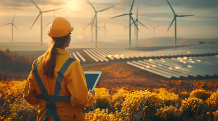 Poster - Engineers, woman and man with tablet in yellow work overalls, looking in the same direction, working on the site in front of wind turbines and solar fields. Generative AI.