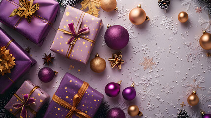 Festive Christmas Presents and Ornaments with Purple and Gold Decorations on Snowy Background