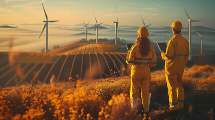 Poster - Engineers, woman and man with tablet in yellow work overalls, looking in the same direction, working on the site in front of wind turbines and solar fields. Generative AI.