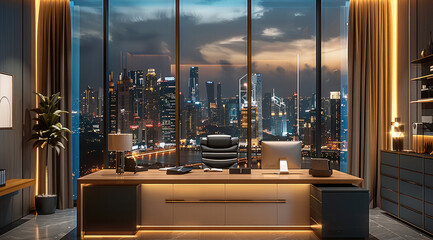 Aufkleber - A high end executive desk with large desktop and a modern office environment with a city night view. Generative AI.